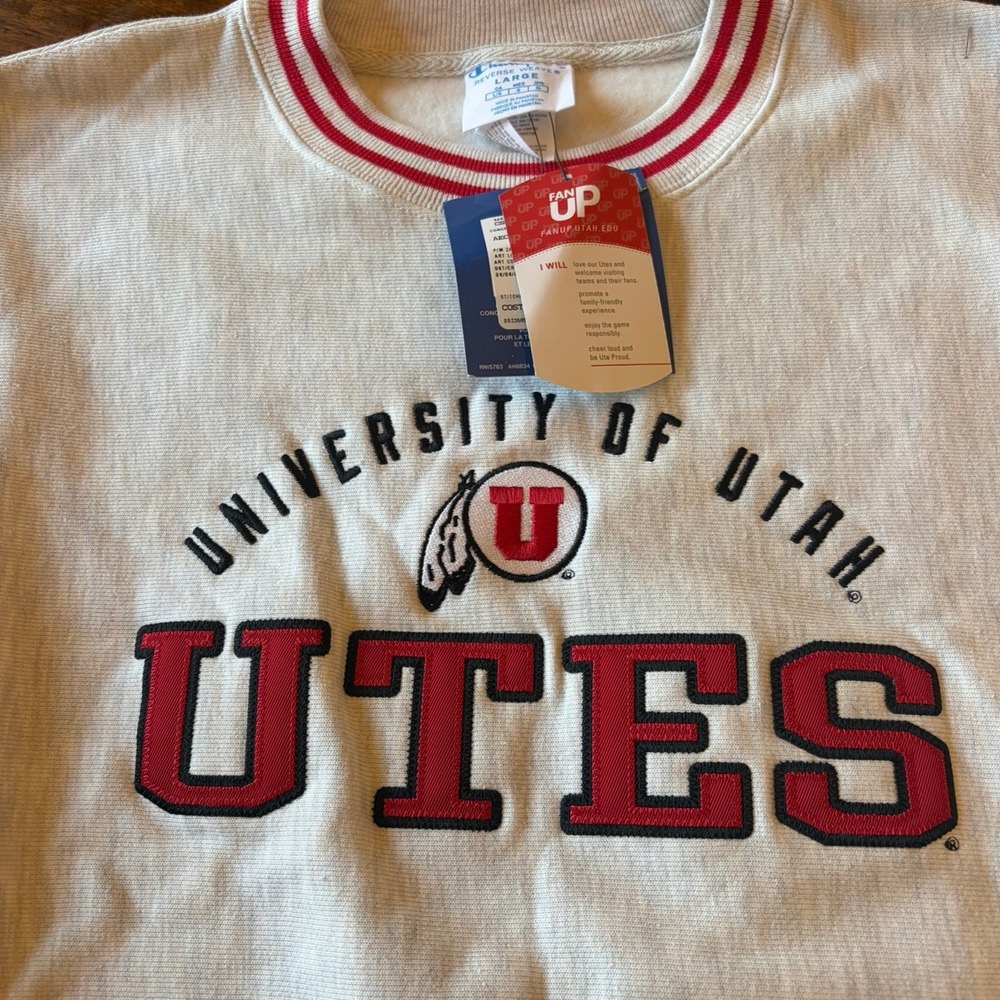 NWT Champion Reverse Weave Utah Utes Crewneck L Oatmeal Striped Collar Trim - Picture 2 of 8